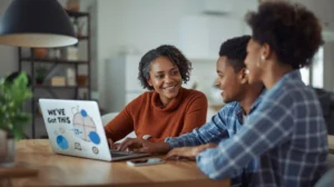 FAFSA vs CSS Profile, Diverse parent in their 50s + teen at the kitchen table with a laptop, advisor on screen—“we’ve got this” vibe.