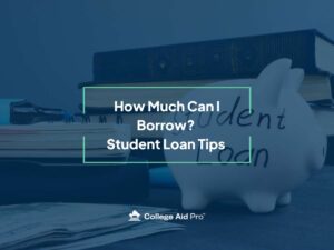 Books, money, and a piggy bank with student loan written on it