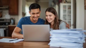 student aid index guide, Parent + teen at a kitchen table with a laptop, smiling, paperwork neatly stacked