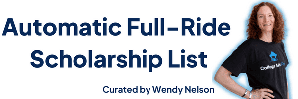 Automatic full-ride scholarship list title with headshot of Wendy Nelson