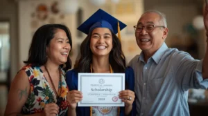 full ride scholarship for college student and parents celebrating