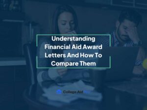 confused couple looking at college award letter for financial aid