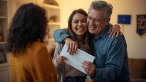 how to pay for college with student and parent celebrating college acceptance