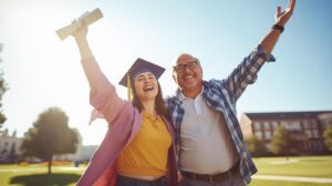 excited student and parent celebrating college acceptance letter