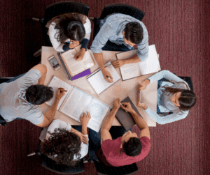 students in library