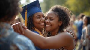  image of a student and parent celebrating financial aid