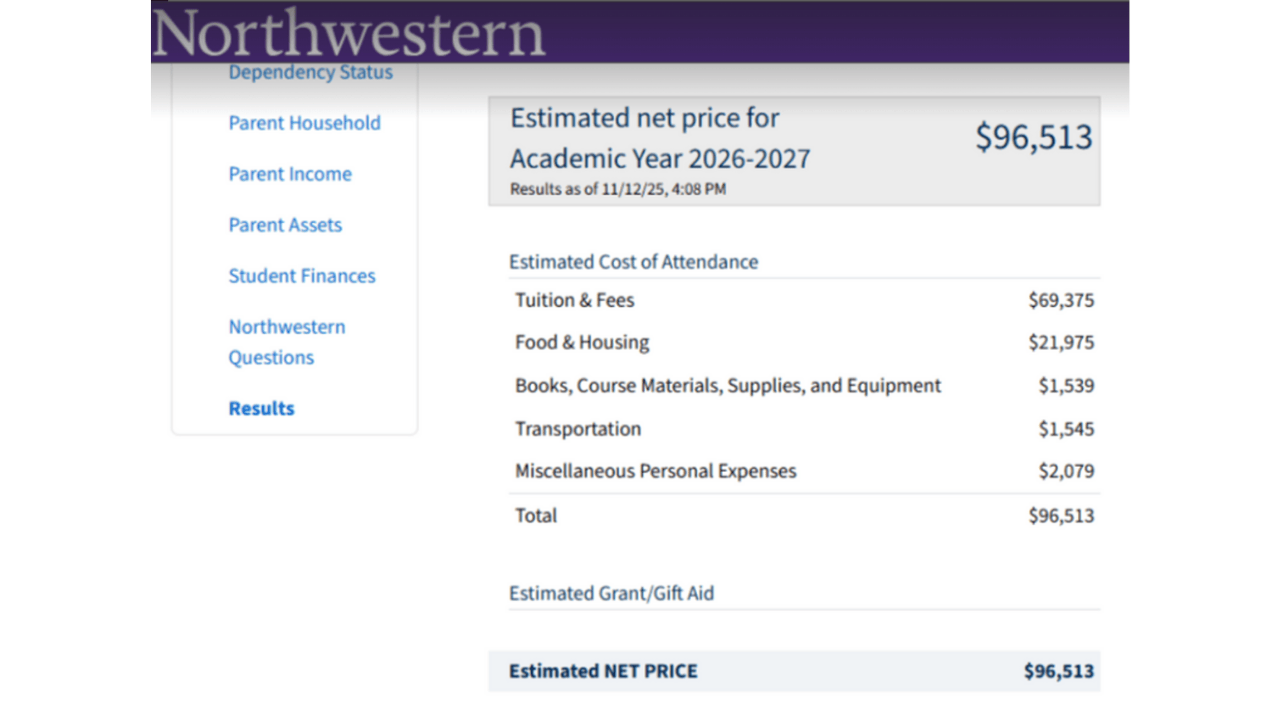 Northwestern net price calculator