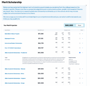 Merit Scholarship page from Albion College inside of MyCAP